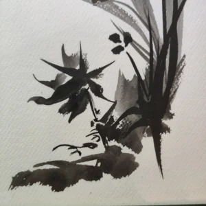 SUMI-E Painting of a wild orchid . Detail.