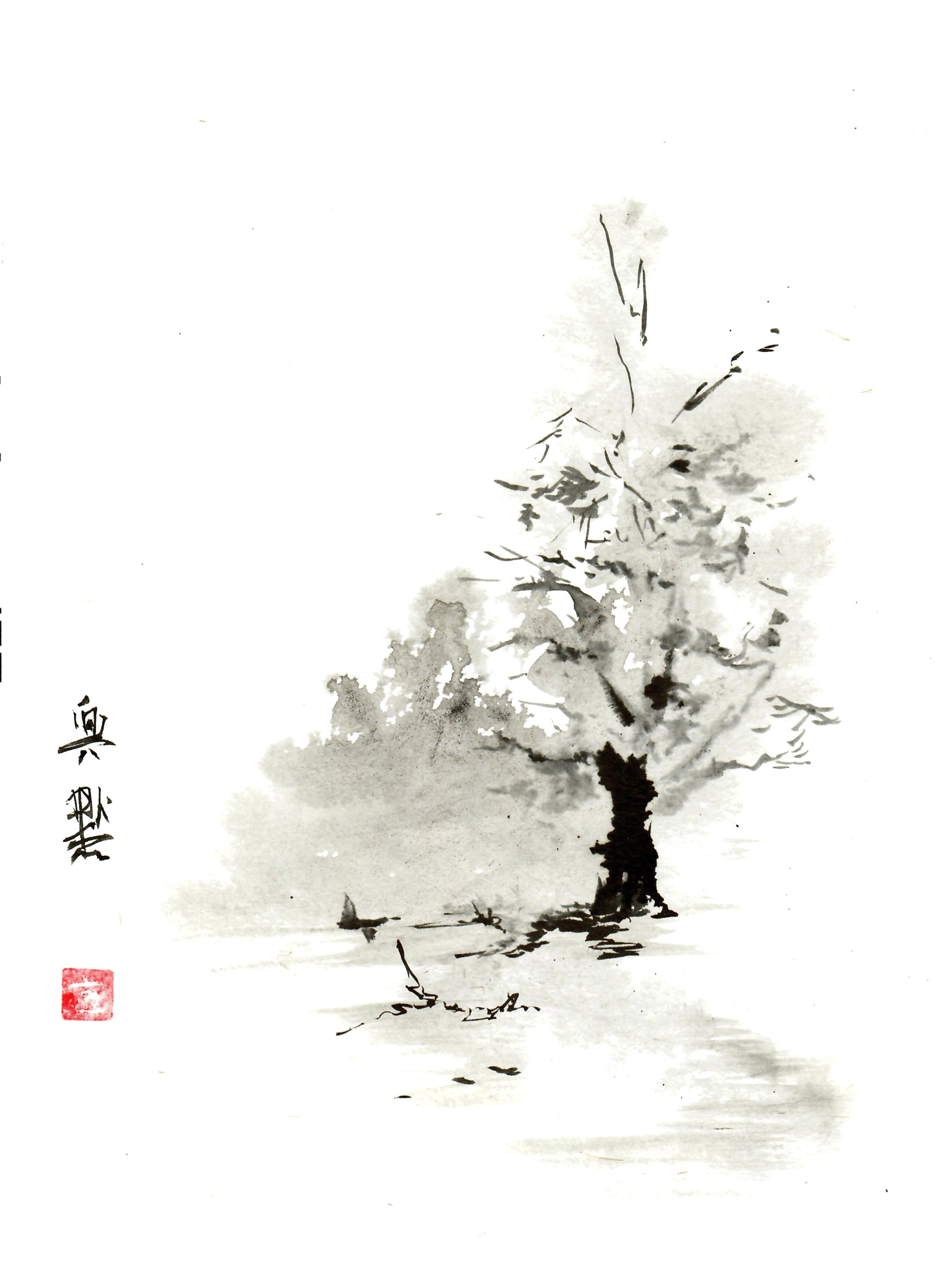 Sumi painting of a lonely tree in the mist on 9IN X 12IN Acid Free 300GSM