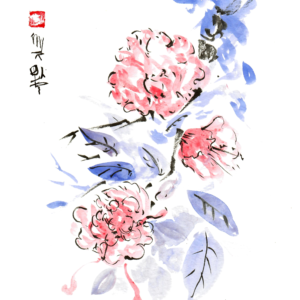 Sumi-painting-of-blue-and-red-flowers-and-black-branches-on-9IN-X-12IN-Acid-Free-300GSM