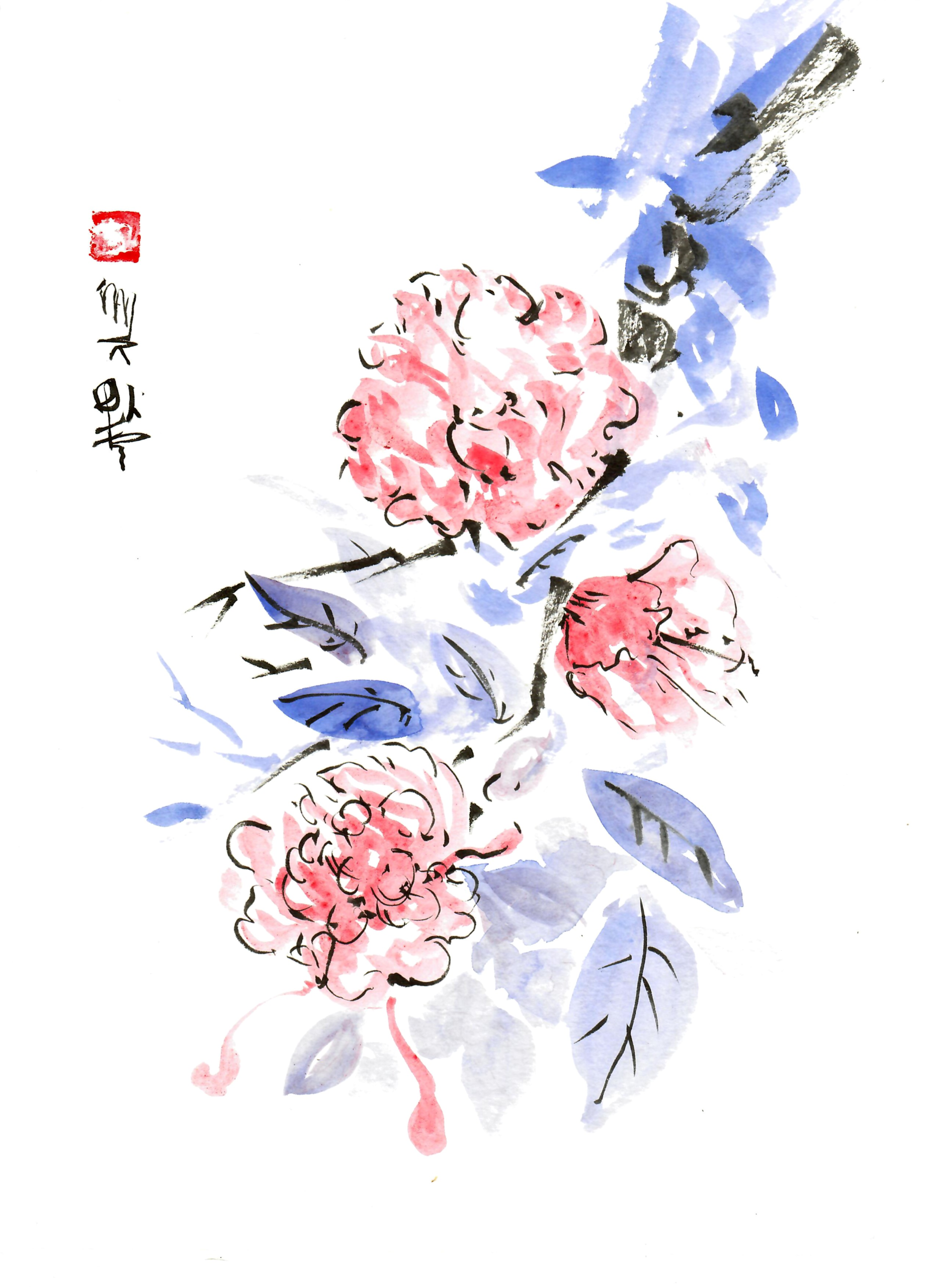 Sumi-painting-of-blue-and-red-flowers-and-black-branches-on-9IN-X-12IN-Acid-Free-300GSM