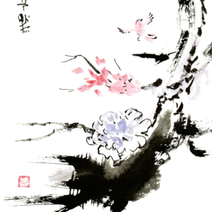 umi painting of blue and red flowers on a tree branch on 9IN X 12IN Acid Free 300GSM