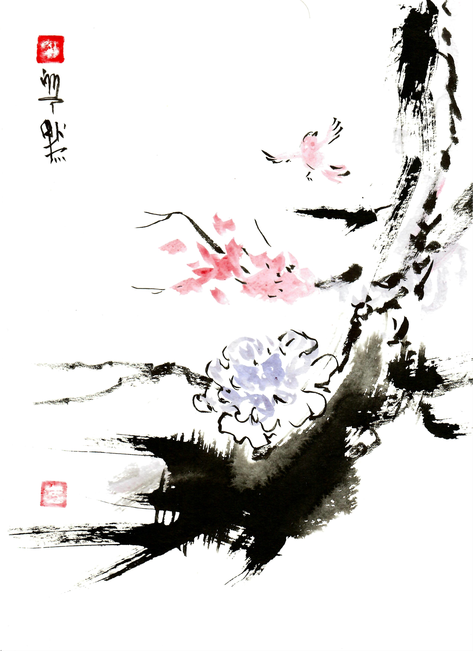 umi painting of blue and red flowers on a tree branch on 9IN X 12IN Acid Free 300GSM