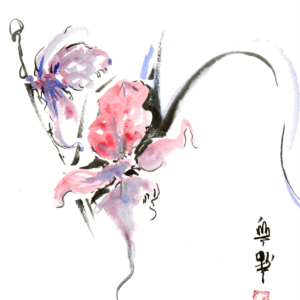 Sumi painting of blue and red orchid flowers on 9IN X 12IN Acid Free 300GSM