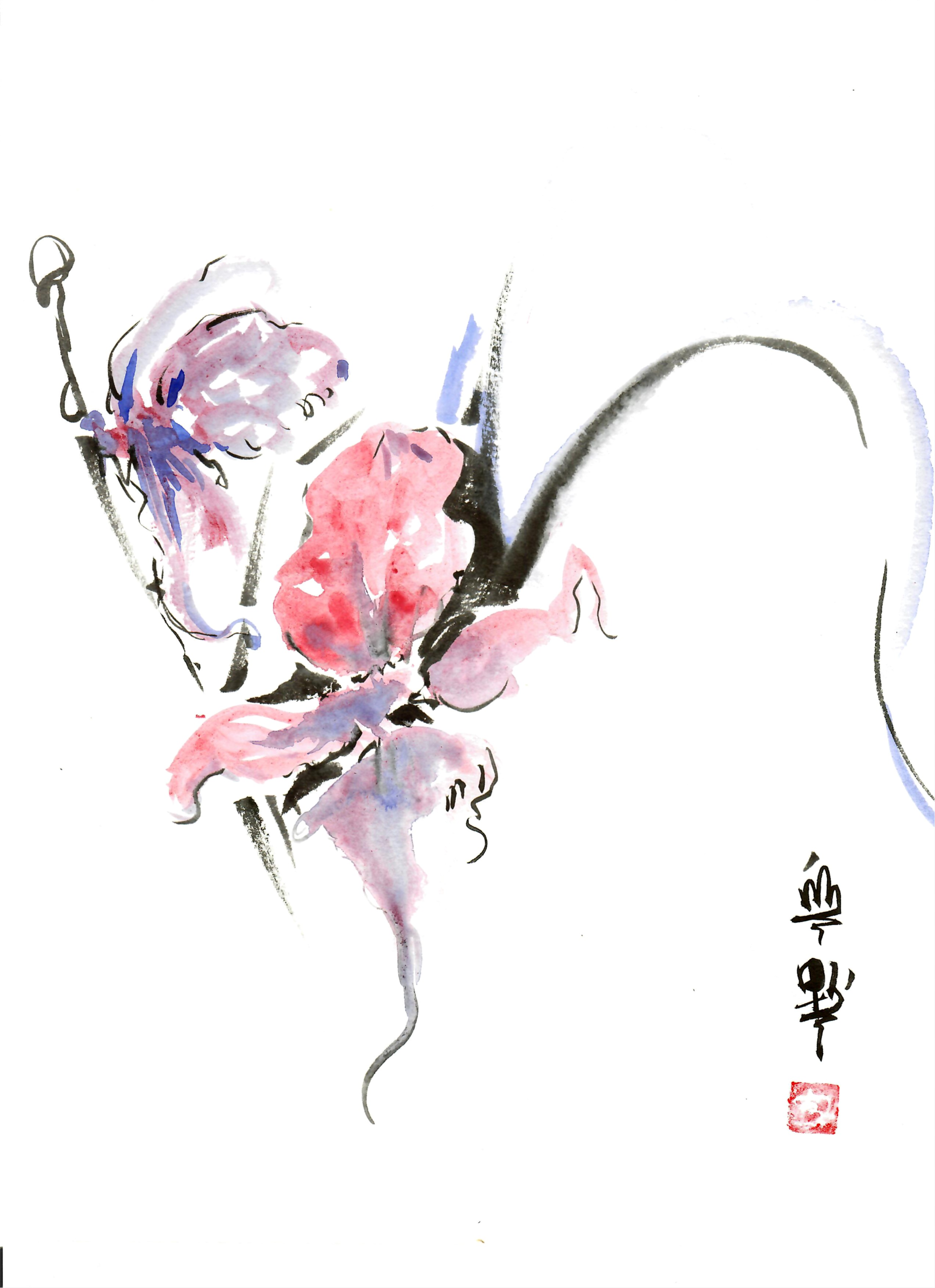 Sumi painting of blue and red orchid flowers on 9IN X 12IN Acid Free 300GSM