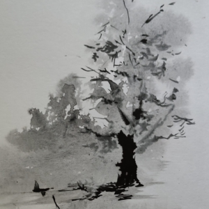 Sumi_e painting of a forest in the mist